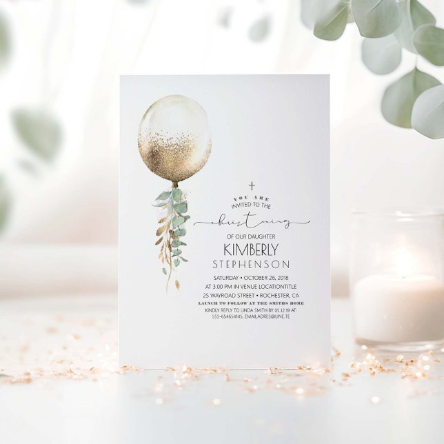Gold Glitzer Greenery Balloon Elegantes Christenin Einladung (Greenery Garland Balloon Christening Invitations)