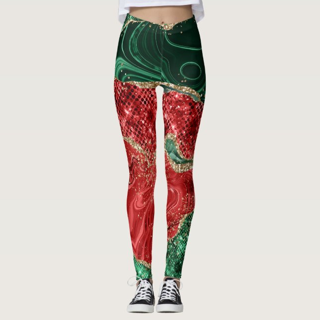 Gold Glitzer Grün und Rotes Glam Weihnachtsmuster Leggings (Vorderseite)