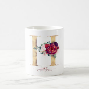 Gold Glitzer H Monogram Floral Burgund Red Kaffeetasse