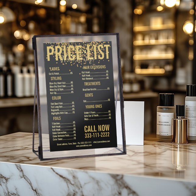 Gold Glitzer Hair Cut Stylist Schwarze Preisliste Flyer (Perfect for business)