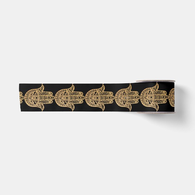 Gold Glitzer Hamsa Lucky Hand Mystical Black Satinband (Vorderseite)