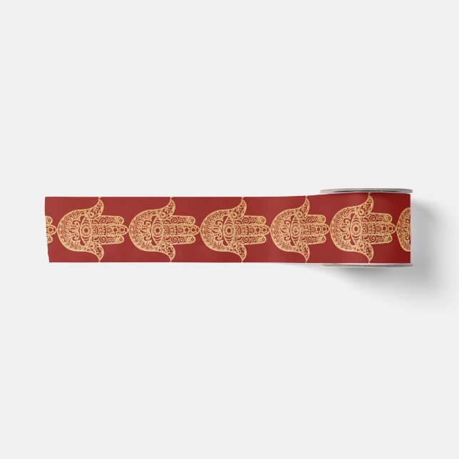 Gold Glitzer Hamsa Lucky Hand Mystical Red Satinband (Vorderseite)