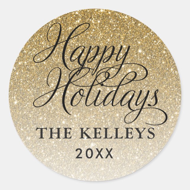 Gold Glitzer Happy Holidays Geschenkmarke Runder Aufkleber (Vorderseite)