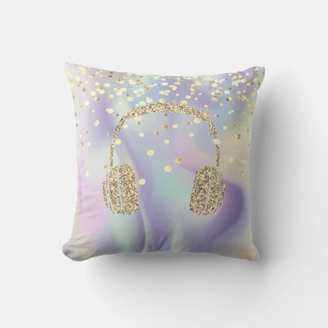 Gold Glitzer Headphone, Stars Dots Holographic Kissen (Vorderseite)