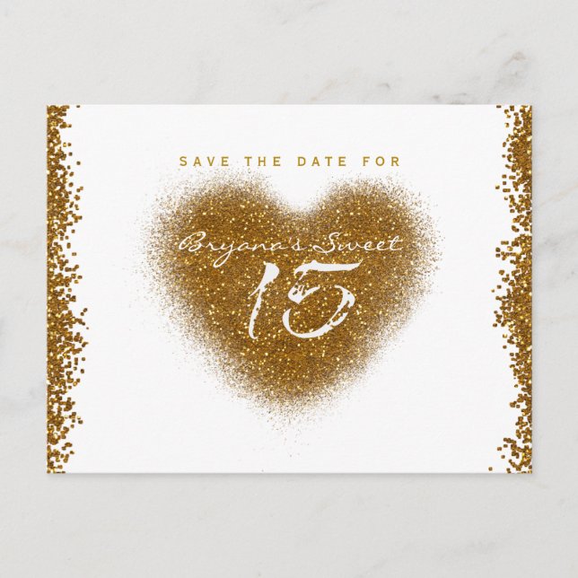 Gold Glitzer Heart 15 Quinceincera Save the Date Ankündigungspostkarte (Vorderseite)