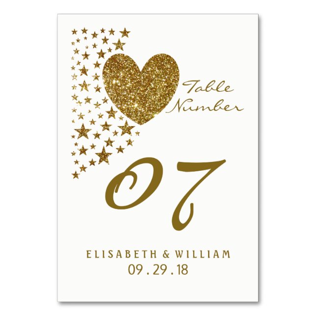 Gold Glitzer Heart and Stars Wedding Table No. Tischnummer (Vorderseite)