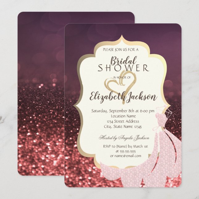 Gold Glitzer Heart, Dress Bokeh Brautparty Einladung (Vorne/Hinten)