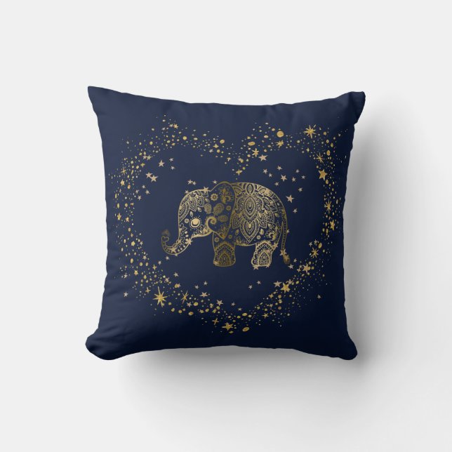 Gold Glitzer Heart Frame Gold Floral Elephant Kissen (Vorderseite)