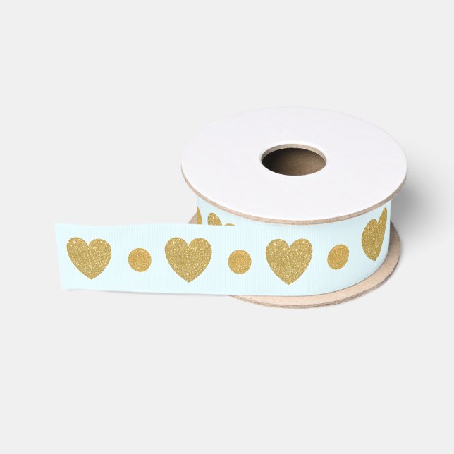 Gold Glitzer Heart on Light Blue Ripsband (Spule)
