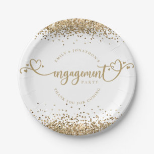 Gold Glitzer Heart Script Names Verlobung White Pappteller