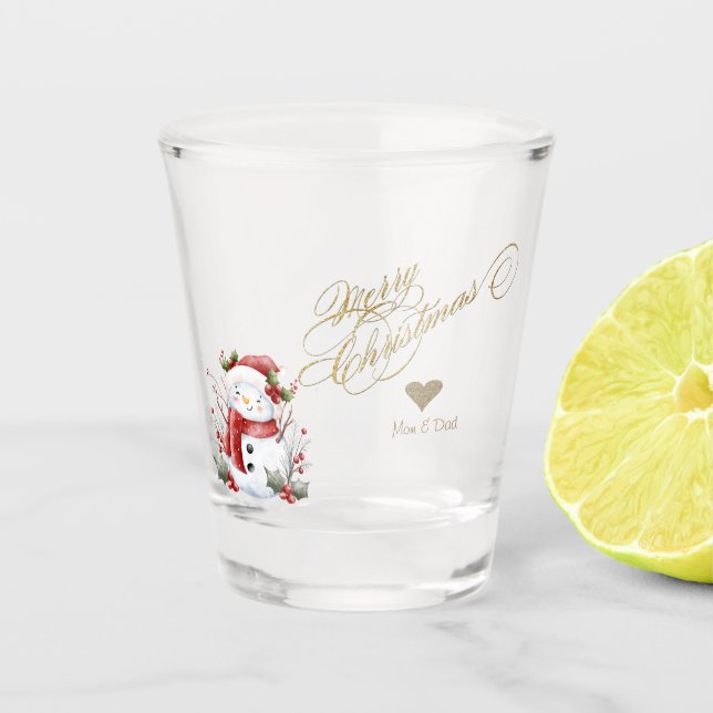 Gold Glitzer Heart Snowman Schnapsglas (Vorderseite)
