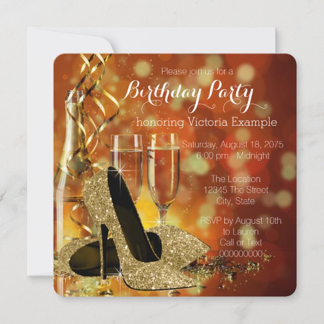 Gold Glitzer High Heels Champagne Geburtstagsparty Einladung (Vorderseite)