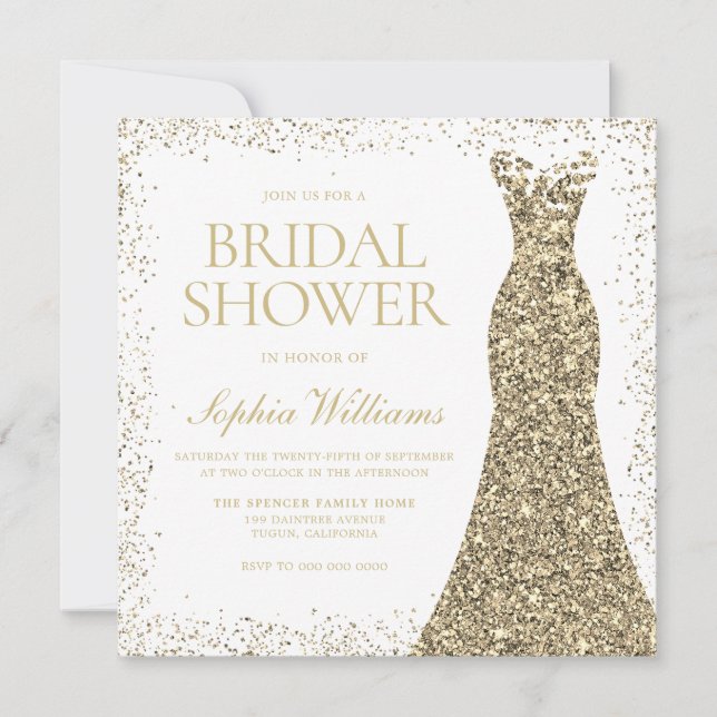 Gold Glitzer Hochzeitskleid Gown Brautparty Einladung (Vorderseite)