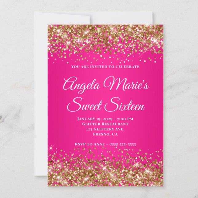 Gold Glitzer Hot Pink Extravagant Monogram 16 . Ge Einladung (Vorderseite)
