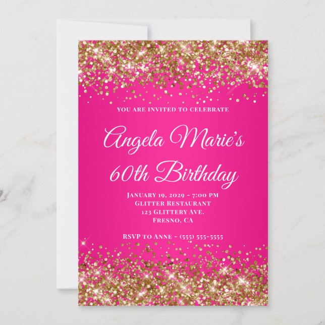 Gold Glitzer Hot Pink Extravagant Monogram 60. Geb Einladung (Vorderseite)
