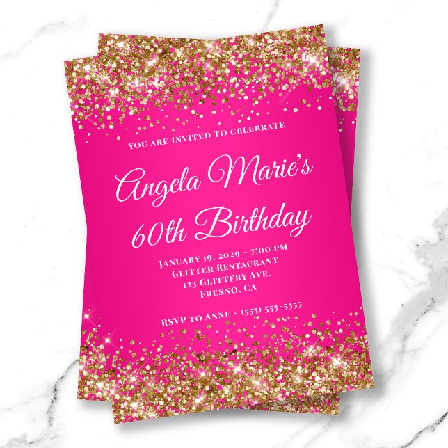 Gold Glitzer Hot Pink Extravagant Monogram 60. Geb Einladung (Gold Glitter Hot Pink Fancy Monogram 60th Birthday Invitation)