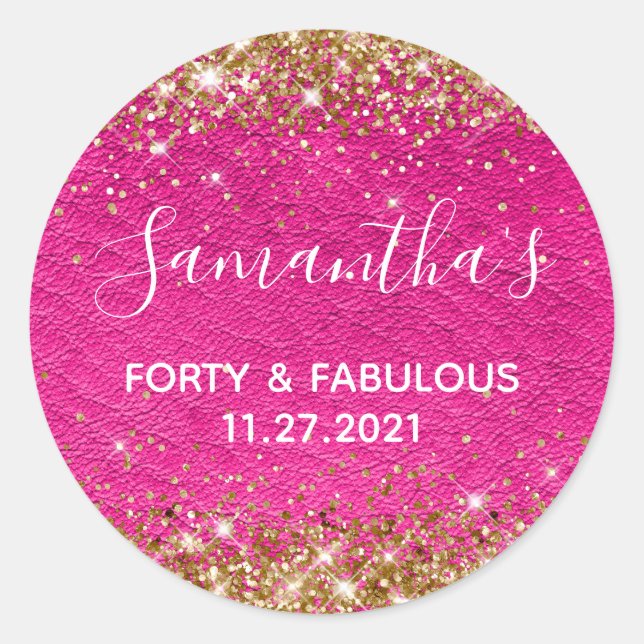 Gold Glitzer Hot Pink Leather Vierzig und fabelhaf Runder Aufkleber (Vorderseite)