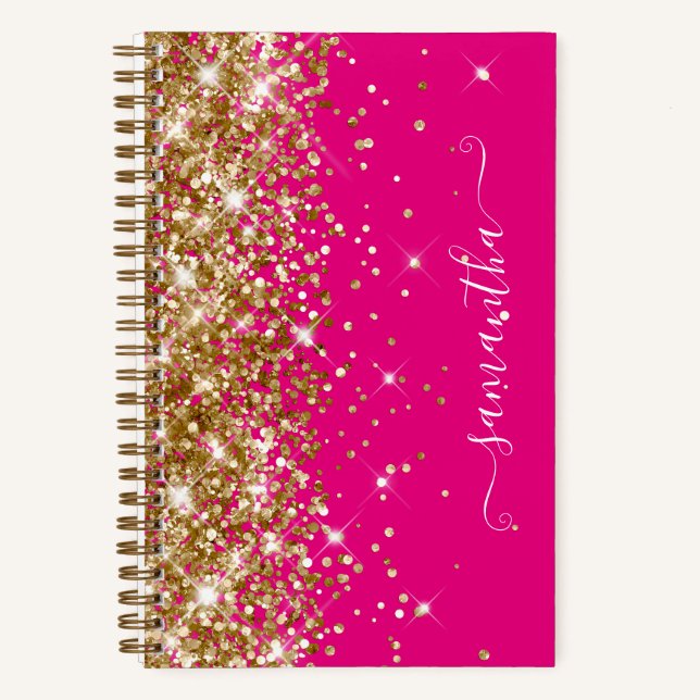 Gold Glitzer Hot Pink Moderne Girly Signature Notizbuch (Vorderseite)