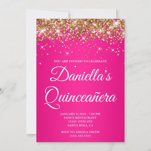 Gold Glitzer Hot Pink Ombre Quinceañera Einladung (Vorderseite)
