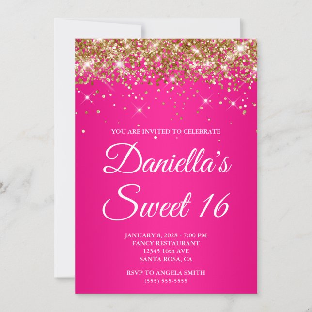 Gold Glitzer Hot Pink Ombre Sweet 16 Einladung (Vorderseite)