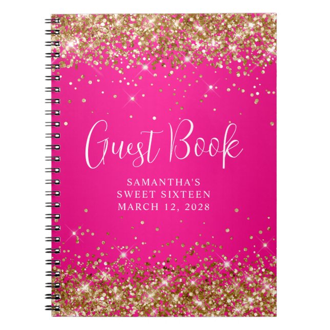 Gold Glitzer Hot Pink Ombre Sweet 16 Gäste Notizblock (Vorderseite)