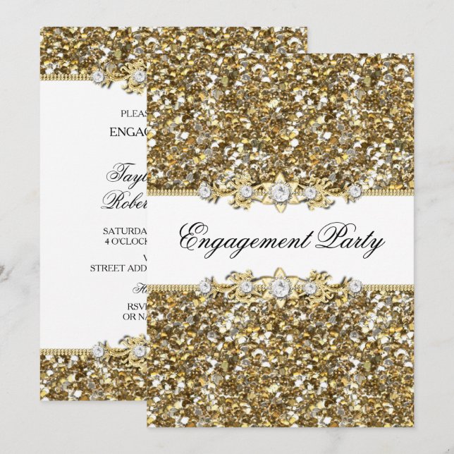 Gold Glitzer & Jewel Engagement Party laden Einladung (Vorne/Hinten)