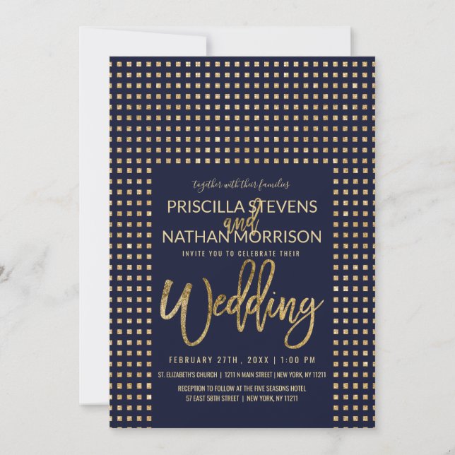 Gold Glitzer Jewels Navy Blue Simple Wedding Einladung (Vorderseite)
