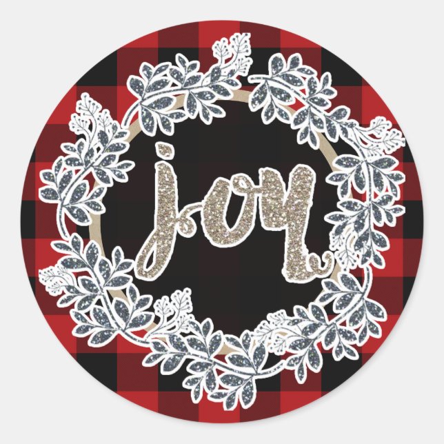 Gold Glitzer Joy Wreath Holiday Red Buffalo Karier Runder Aufkleber (Vorderseite)