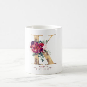 Gold Glitzer K Monogram Floral Burgund Red Kaffeetasse