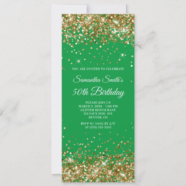 Gold Glitzer Kelly Green 50. Geburtstag Einladung (Vorderseite)