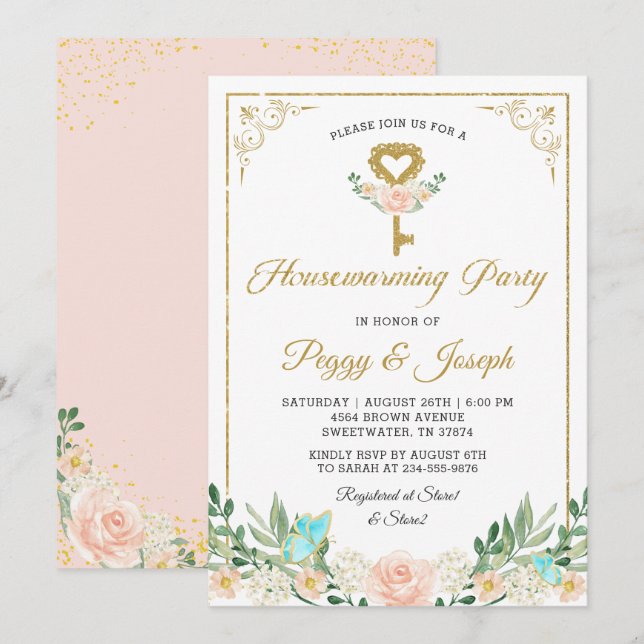 Gold Glitzer Key Rose Garden Housewärme Einladung (Vorne/Hinten)