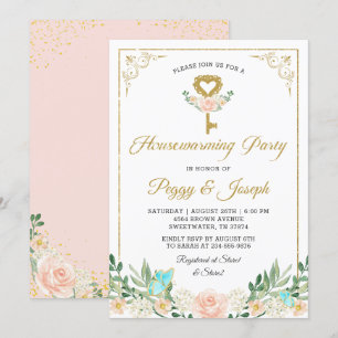 Gold Glitzer Key Rose Garden Housewärme Einladung
