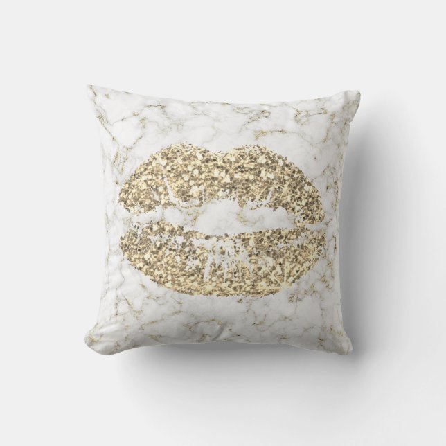 Gold Glitzer Kiss Lips Glam Makeup Weißer Marmor Kissen (Vorderseite)