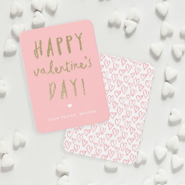 Gold Glitzer Klassenzimmer Glücklicher Valentinsta Mitteilungskarte (Gold Glitter Handwritten Classroom Valentine Day Cards.)