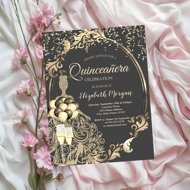 Gold Glitzer Kleid, Balloons Glitzer Quinceanera Einladung (Von Creator hochgeladen)