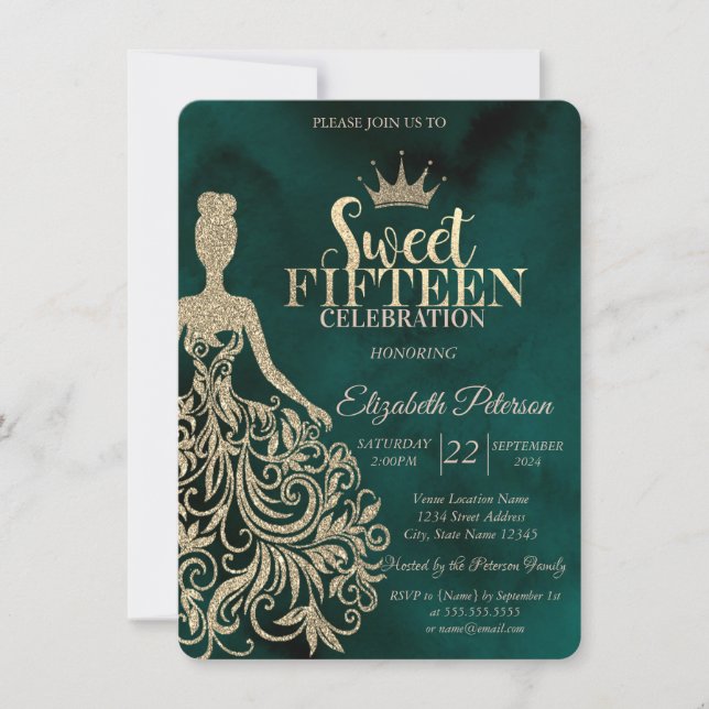 Gold Glitzer Kleid,Diamonds Green Sweet 15 Einladung (Vorderseite)