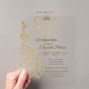 Gold Glitzer Kleid,Diamonds Green Sweet 16 Acryleinladungen