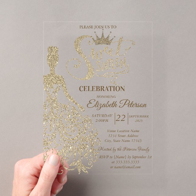 Gold Glitzer Kleid,Diamonds Green Sweet 16 Acryleinladungen (Insitu (Handheld))