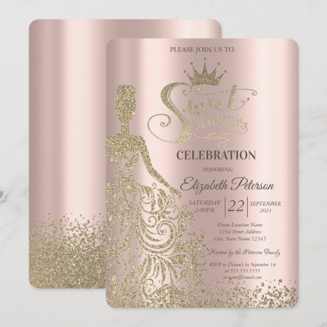 Gold Glitzer Kleid,Diamonds Rose Gold Sweet 17 Einladung (Vorne/Hinten)