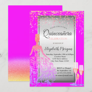 Gold Glitzer Kleid, Heelse, Rosa Quinceañera Einladung