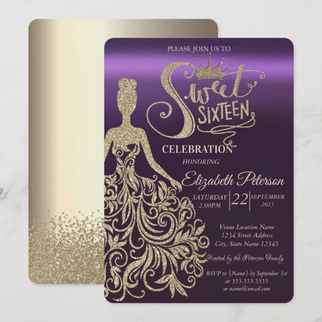 Gold-Glitzer-Kleid, Tiara, Diamanten Lila Einladung (Vorne/Hinten)