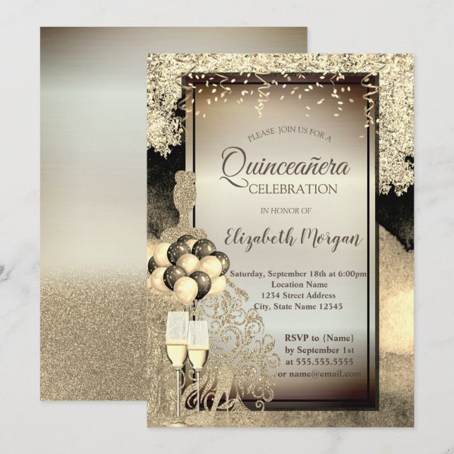 Gold-Glitzer-Kleidung, Heelse, Quinceanera-Feier Einladung (Vorne/Hinten)
