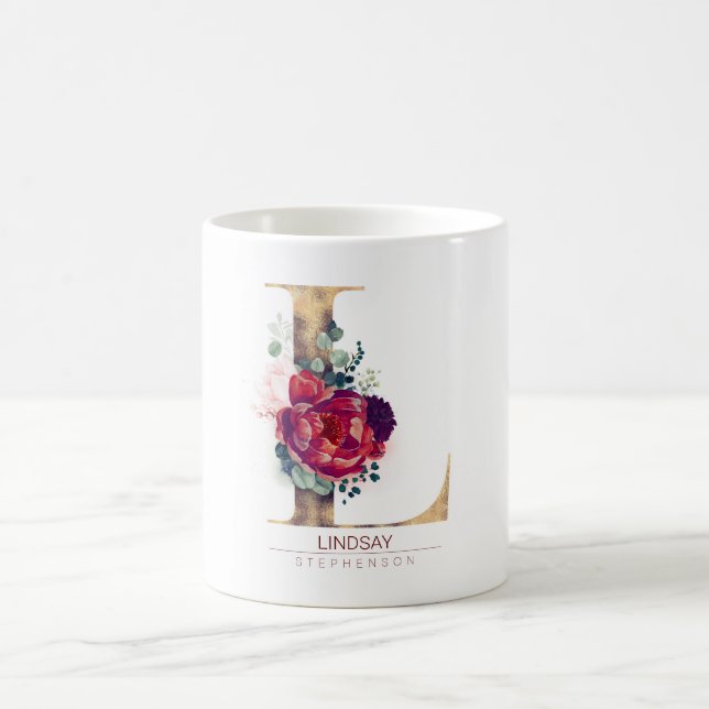 Gold Glitzer L Monogram Floral Burgund Red Kaffeetasse (Mittel)