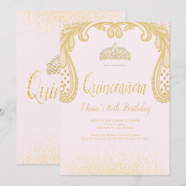 Gold Glitzer & Lace, Einladungen nach Quinceñera (Vorne/Hinten)
