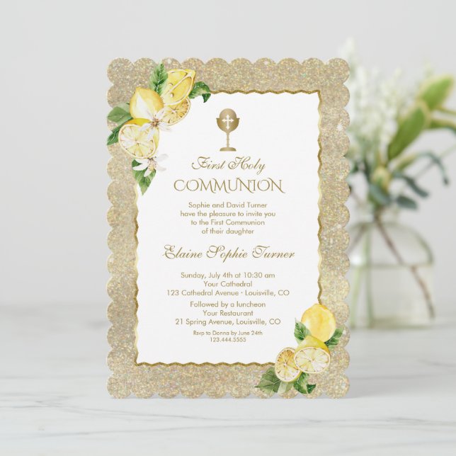 Gold Glitzer Lemon Fruit Blume erste Kommune Einladung (Stehend Vorderseite)