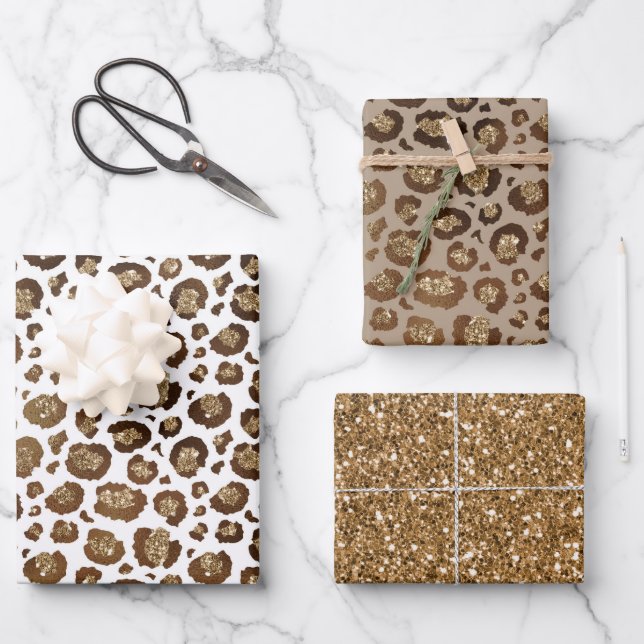 Gold Glitzer Leopard Print Geschenkpapier Set (Vorderseite)