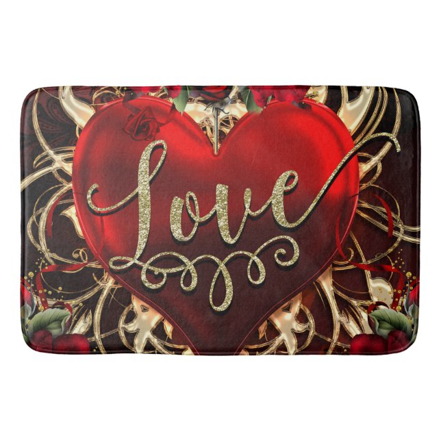Gold Glitzer Liebe Herzstück und Rote Rosen Romant Badematte (Vorderseite)