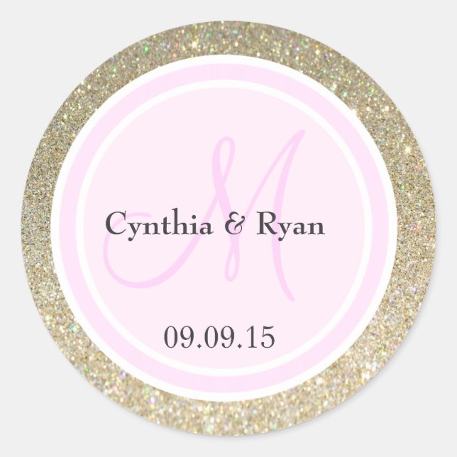 Gold Glitzer & Light Pink Wedding Monogram Runder Aufkleber (Vorderseite)