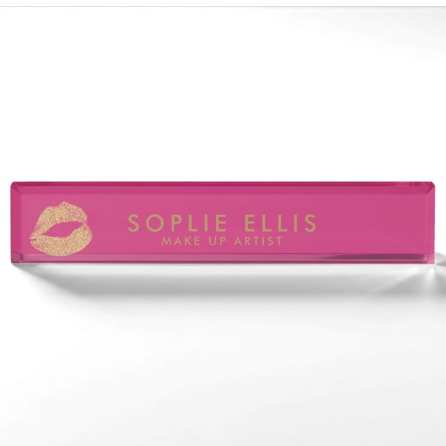 Gold Glitzer Lippen Rosa personalisieren Name Namensplakette (Vorderseite)