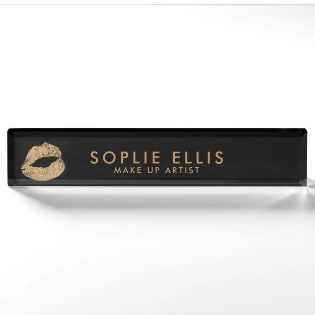 Gold Glitzer Lippen Schwarzen Personalisierungsnam Namensplakette (Vorderseite)